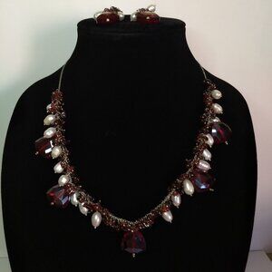 Triangular Red Faceted Stone Pearl Dangle Earring & Necklace Set Party Glam Goth